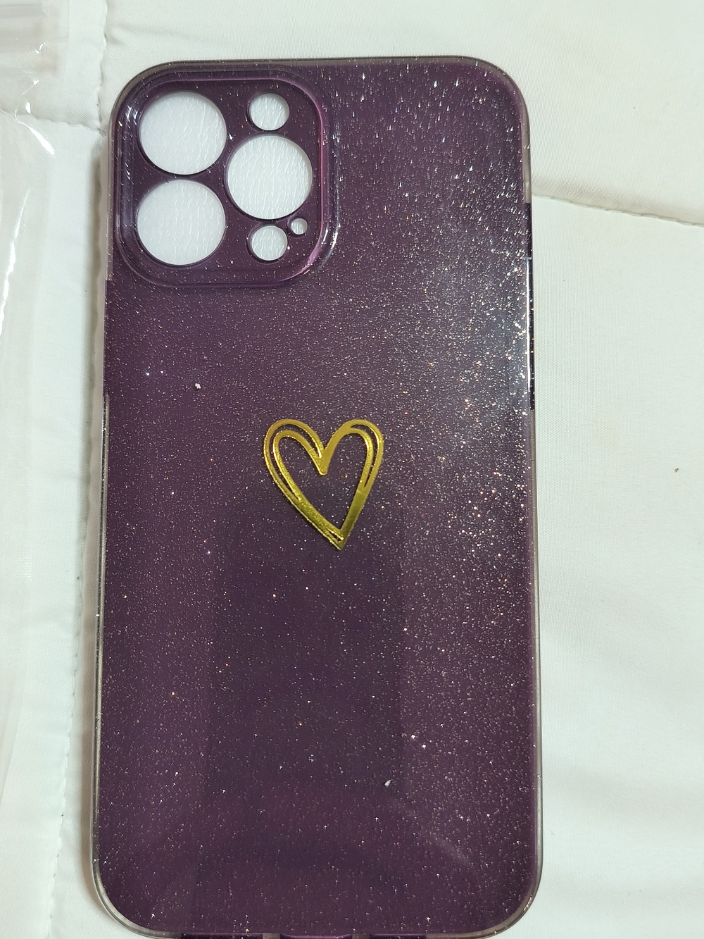 Sparkling Dark Purple iPhone 13 Pro Max Case with Gold Heart Accent